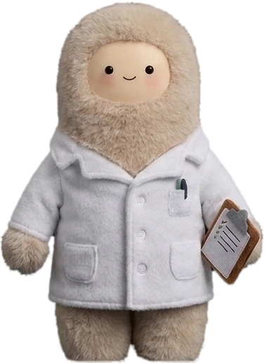 Muse-02, a plush researcher in a lab coat holding a clipboard