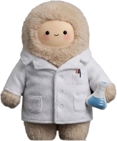 Muse-03, a plush researcher in a lab coat holding a flask